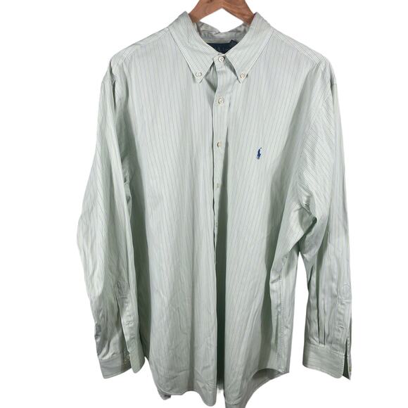 Ralph Lauren Long Sleeve Shirt Men Size17.5 Green Classic Fit Stripe Button Down - Picture 1 of 10